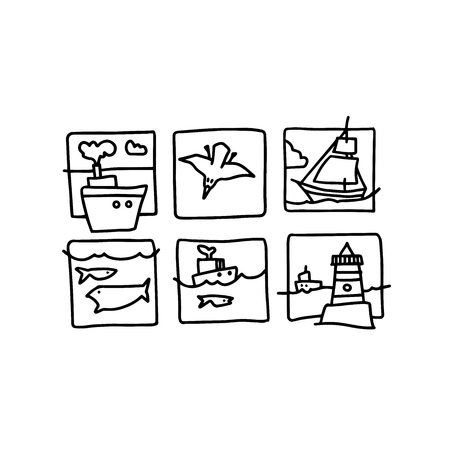 Sea illustration made in cartoon style. Boats, waves, fishes. Vector artworkのイラスト素材