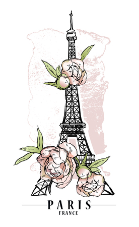 Paris illustration. Vector artwork. Flower and paint spots background.のイラスト素材