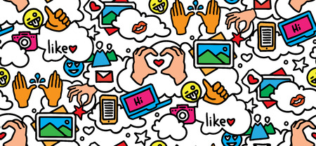 Hand drawn elements of social network symbols. Internet icons. Vector internet elements. Seamless patterin.のイラスト素材
