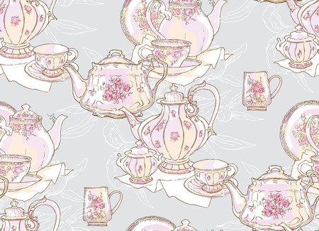 Dishes, teapot, saucer, cup. Vector illustration. Seamless pattern. Background pattern of dishes Porcelain drawing China sketchのイラスト素材