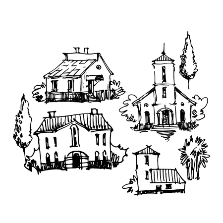 Small town line art sketch landscape.のイラスト素材