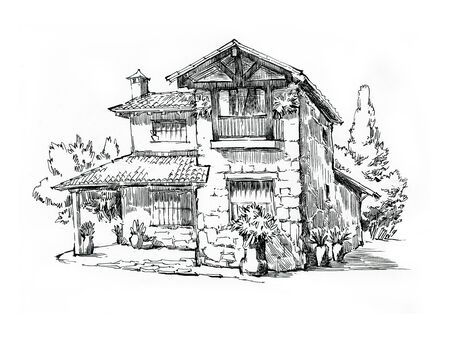 Rural house landscape. Village landscape. Scan of Original pen and ink drawing. Fullsize raster artwork.の写真素材