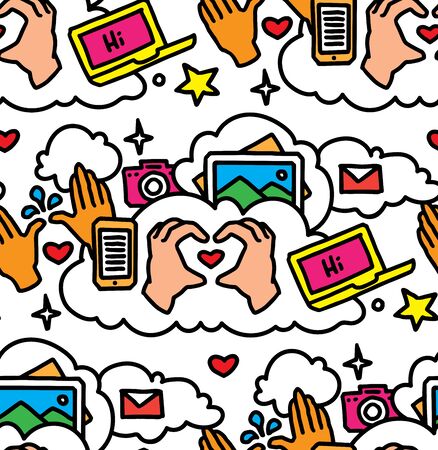 Hand drawn elements of social network symbols. Internet icons. Vector internet elements. Seamless patterin.のイラスト素材