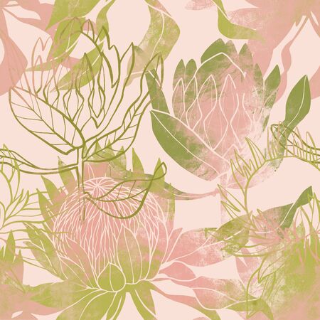 Pink and green flower pattern. Protea flower. Hand drawn illustration. Fullsize raster artwork.の写真素材