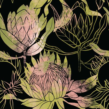 Pink and green flower pattern. Protea flower. Hand drawn illustration. Fullsize raster artwork.の写真素材