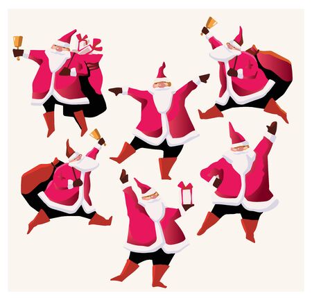Set of cartoon Christmas illustrations. Funny happy Santa Claus character with gift, bag with presents, waving and greeting. For Christmas cards, banners, tags and labels.の写真素材