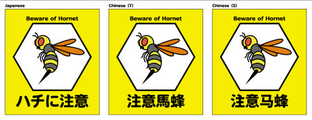 A sign telling people to beware of wasps
(3 languages)のイラスト素材