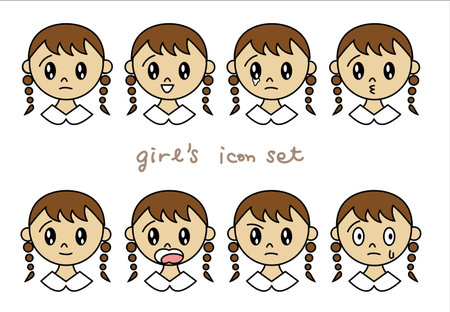 Icon set of various facial expressions of girls with pigtailのイラスト素材