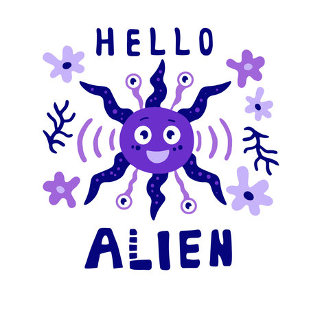 Adorable hand drawn open space creature character with text. Childish poster, cord, banner concept designのイラスト素材