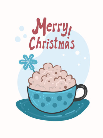 Hand drawn cozy mug with whipped cream, cinnamon stick, flower, text in Cartoon doodle style for season festive poster, banner, greeting card, postcardのイラスト素材