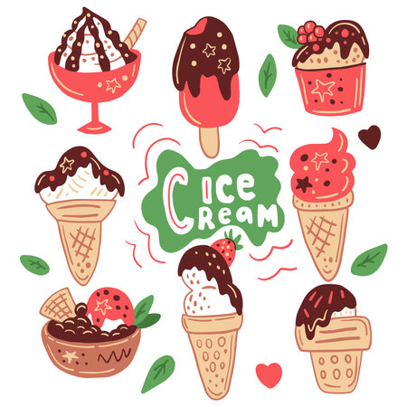 Cute hand drawn frozen sweets collection with chocolate sprinkles and berry topping decorated with waffles strawberry raspberry stars and mint. vector food illustrationのイラスト素材