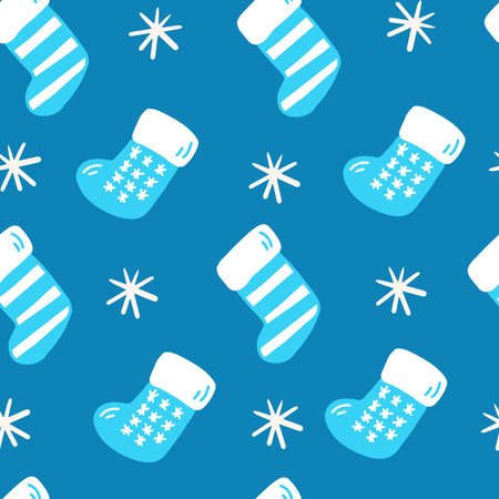 Cute seasonal blue seamless background with repeat falling vector illustration of Xmas socks and snowflakes in Scandinavian doodle styleのイラスト素材