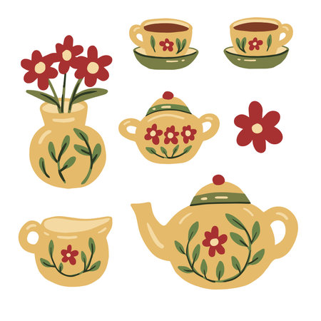 Cute hand drawn kitchenware collection with teapot cup vase milk jug sugar bowl. Isolated vector illustration elements designのイラスト素材