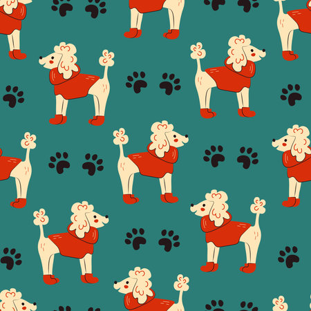 Groovy pet background with cute puppy in warm clothes and boots. Colorful canine repeat vector illustration in trendy retro styleのイラスト素材