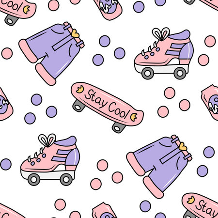 Cute y2k girly endless background in retro cartoon style with skateboard, skates, shorts and soda. Vaporwave cartoon backdrop with vintage symbolsのイラスト素材