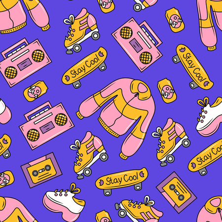 Groovy cartoon doodle style seamless pattern with 80s 90s retro symbols, elements. Vintage repeat vector illustration with audio tape, soda, old fashion designのイラスト素材