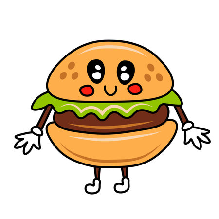 Funny flat vector illustration of smiling hamburger. Fast food symbol, icon for delivery, package, cafe, restaurantのイラスト素材