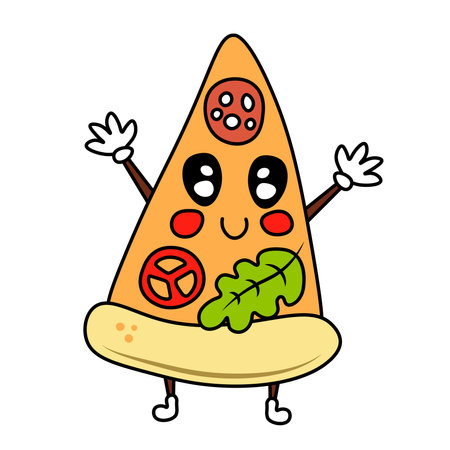 Kawaii pizza mascot vector illustration. Fast food element, pizzeria symbol, icon with salami, tomato and leafのイラスト素材