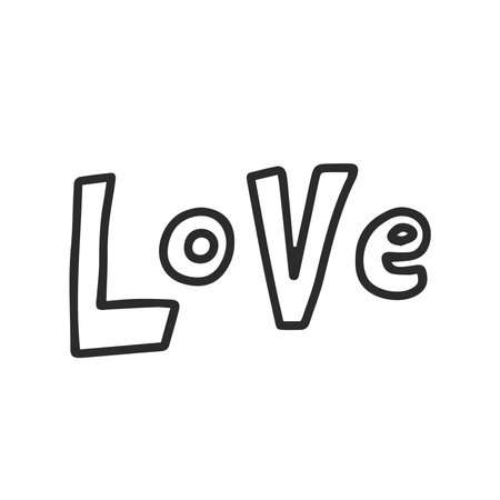 Hand drawn black and white handwritten simple love inscription, word, text in outline cartoon style for greeting card, Valentines day, wedding, t-shirt and bag printのイラスト素材