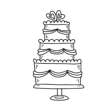 Cute hand drawn wedding symbol, icon, element, decorated with ribbons and hearts. Sketch pastry product. Dessert vector illustrationのイラスト素材