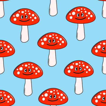 Funny colorful childish seamless background with repeat vector illustration of red fly agaricのイラスト素材