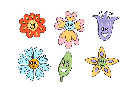 Childish floral groovy collection. Smiling blossoms and leaves. Isolated vector illustration for kids, prints, designのイラスト素材