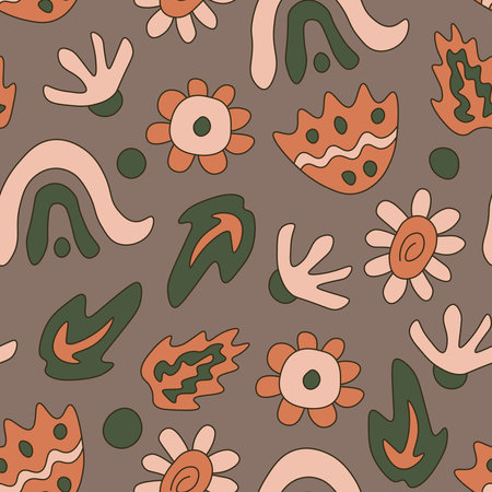 Cute cozy background with hand drawn flowers, wavy leaves, dots and rainbows in retro cartoon style. vintage groovy printのイラスト素材