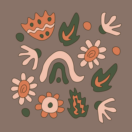 Pretty cozy vintage print with fluid doodle cartoon elements for female accessory, greeting card, posterのイラスト素材