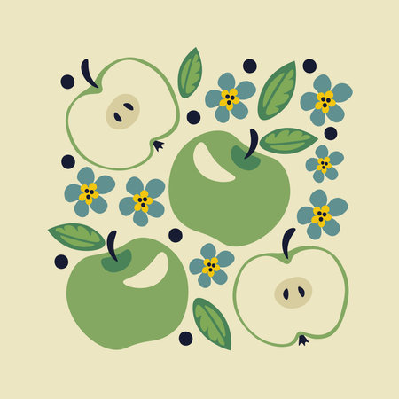 Fruit card background with apple, half, flower, spot, dot, seed.のイラスト素材