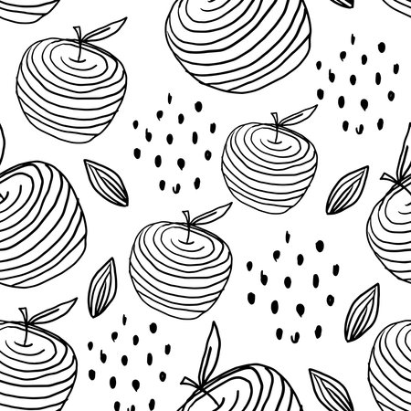 Cute hand drawn seamless vector illustration with fruits, lines, dots, spots, leaves. black and white ink summer fall backgroundのイラスト素材