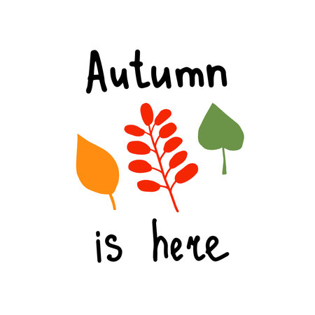 Simple childish seasonal caligraphy with hand drawn leaf silhouette. decorative print designのイラスト素材