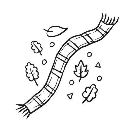 Cute hand drawn fall foliage with warm cloth element. Black and white line art vector illustration. Simple seasonal concept design, square cardのイラスト素材