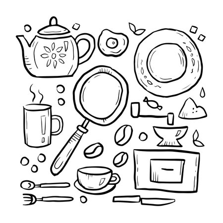 Cute hand drawn kitchen items collection. Sketch cooking elements design.のイラスト素材