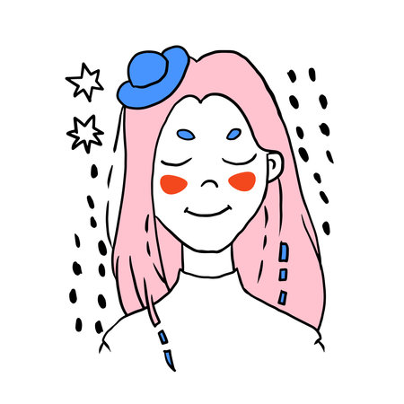 Abstract hand drawn young woman character blush face vector illustration with sketch stars, dots, spots. Trendy t shirt print design, magazine, kids, child, interior artのイラスト素材