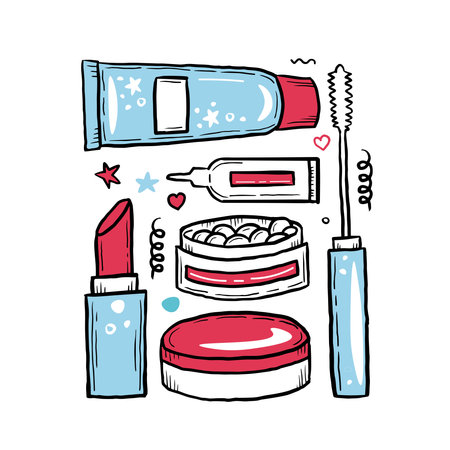 Colorful hand drawn cosmetology collection in trendy doodle cartoon style. Cream, lipstick, mascara, blush, various bottles, packages, stars, spots, curves, lines. Square post template, banner, poster, cardのイラスト素材