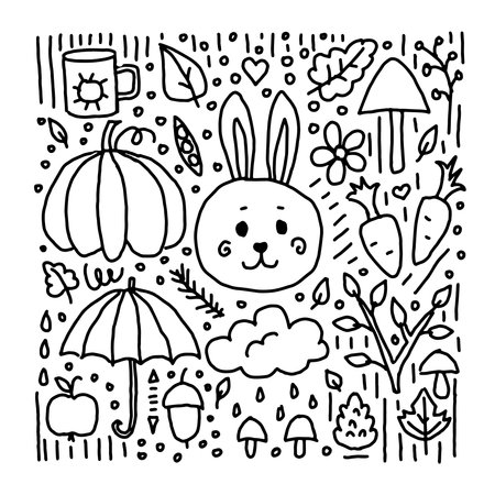 Friendly bunny fall hand drawn cartoon character. Adorable forest animal with season elements set. Childish t shirt print design.のイラスト素材