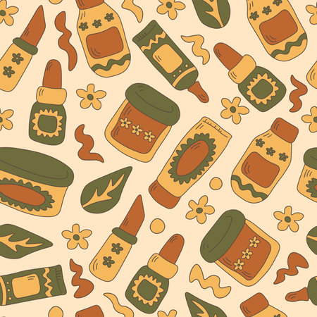 Cartoon doodle background with falling cosmetic and makeup products drawings in 60s 70s vintage style. repeat vector illustrationのイラスト素材