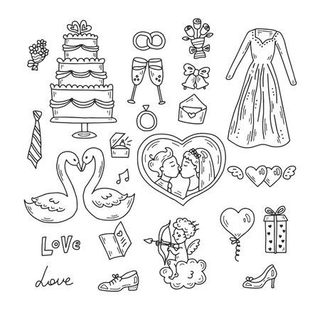 Big set of hand drawn black and white wedding ceremony symbols. Isolated vector illustrations of kissing bride and groove, dress, cake, hearts, bouquet, ringsのイラスト素材