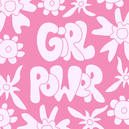 Girly feminism lettering in graffiti style with retro flowers. Square vector illustration, poster, banner, cardのイラスト素材