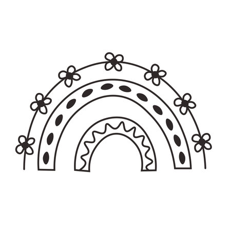 Funny hand drawn boho rainbow with dots and waves in Scandinavian style. Elegant decorative element for wedding, invitation, kids, birthday, greeting, cardのイラスト素材