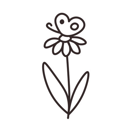 Simple black outline chamomile with butterfly isolated vector illustration on white background for kids, greeting card, print, invitation, designのイラスト素材