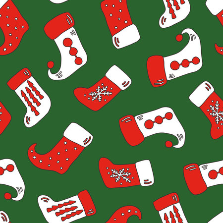 Funny hand drawn xmas background with various festive symbols. Cute cartoon doodle style backdrop for wrapping paper, wallpaper, greeting card, posterのイラスト素材