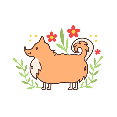 Funny Spitz breed vector illustration. Outside fluffy smiling puppy in nature for greeting card. kids, print, pet shop, decoration, accessoryのイラスト素材