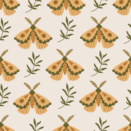 Cute Boho seamless background with nature elements moth and twig. Aesthetics Provence repeat vector illustration for woman, girl, greeting cardのイラスト素材