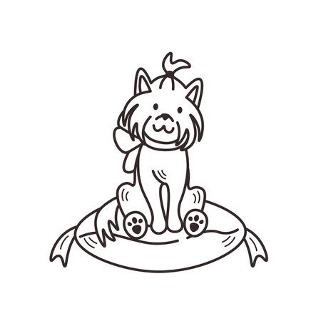 Cute hand drawn black and white dog with ribbon on the neck sitting on a pillow. Puppy isolated vector illustrationのイラスト素材