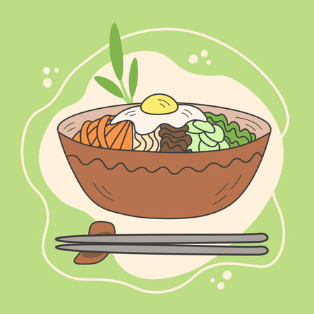 Hand drawn cartoon style popular mixed rise dish in Korea in big bowl with chopsticks. Isolated vector illustration for asian food restaurant, menu, deliveryのイラスト素材