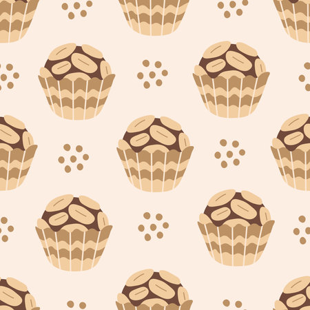 Cute dessert wrapping, wallpaper, packaging paper with traditional Brazilian sweets. Seamless background with brigadeiroのイラスト素材