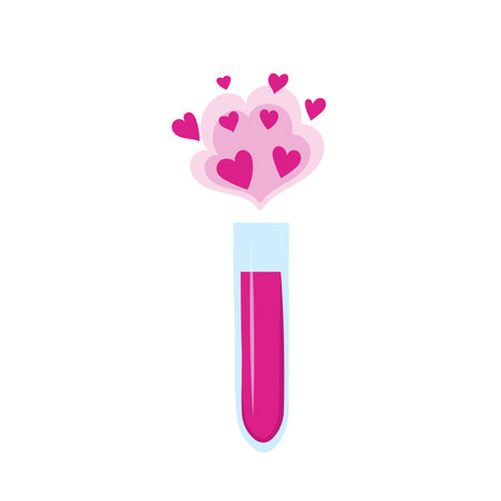 Magical elixir. Cartoon vector illustration with pink liquid in glass tube with hearts. Cute fairytale print for kids, valentines day, gamesのイラスト素材