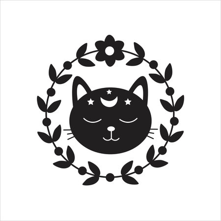 Sleeping kitten with celestial shape on forehead in floral circle in cartoon doodle style. Black and white isolated sacred vector illustrationのイラスト素材