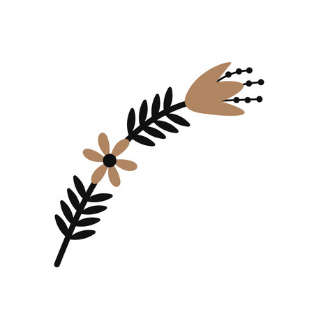 Cute black and gold floral element for logo, greeting card, packaging design. Simple chamomile and tulip twigのイラスト素材
